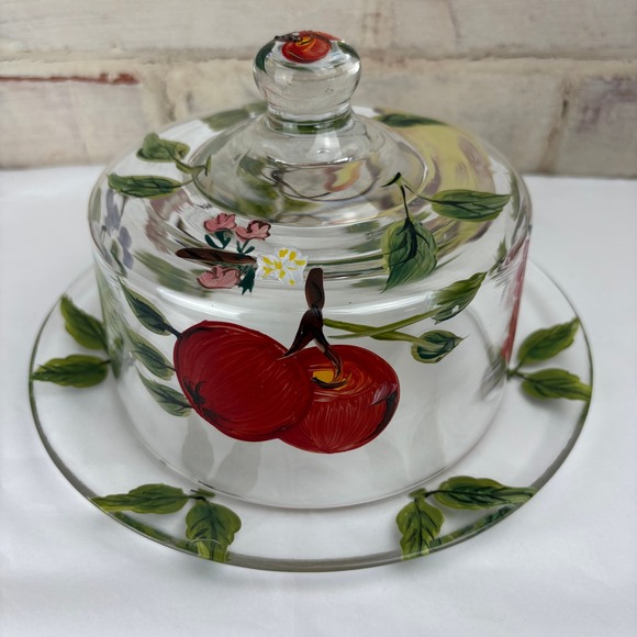 Other - Hand-Painted Fruit Glass Cheese Dome & Plate • Cottage Garden Serveware